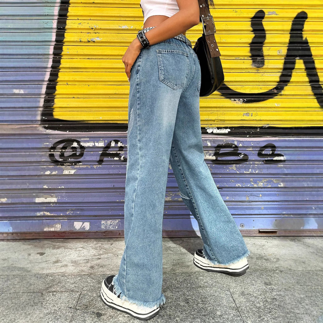 Damen Baggy-Jeans mit kontrastierenden Flammen-Applikationen & rohem Saum Nord Taschen