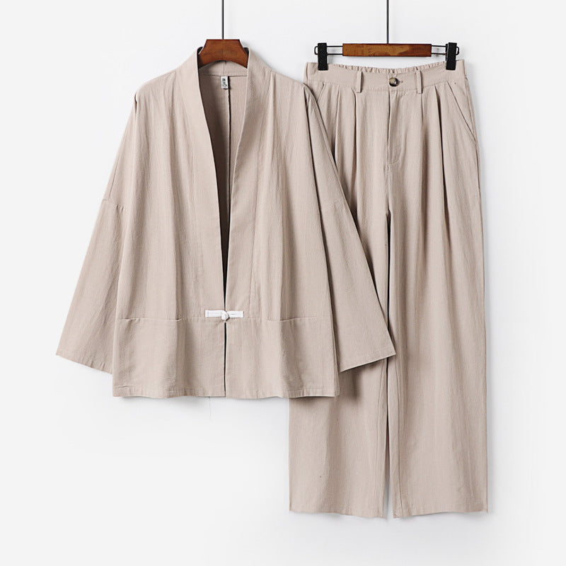 Damen Kimono-Lounge-Set aus leichtem Viskose-Leinen mit dekorativem Knebelverschluss und weiter Bundhose Nord Taschen