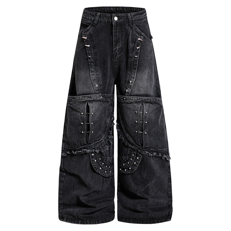Damen Weite High‑Waist Denim‑Cargo‑Culotte mit Nieten und großen Pattentaschen Nord Taschen