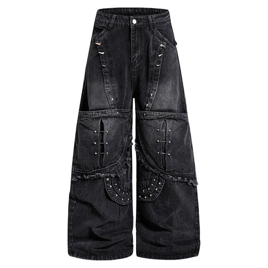 Damen Weite High‑Waist Denim‑Cargo‑Culotte mit Nieten und großen Pattentaschen Nord Taschen