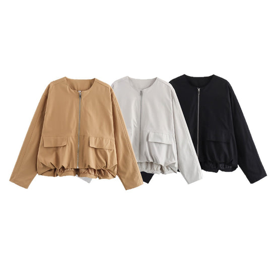 Damen Leichte Cropped-Workerjacke ohne Kragen mit Frontreißverschluss und Pattentaschen Nord Taschen