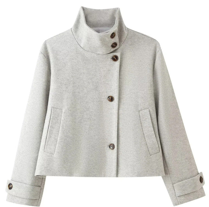 Damen Kurzjacke im Boxy‑Cut mit hohem Stehkragen und Hornknöpfen Nord Taschen