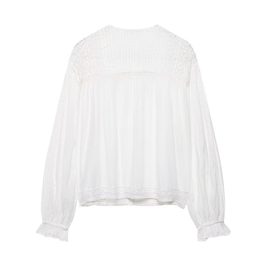Damen Romantische Spitzenbluse mit Plisseefront, Spitzenpanelen und Ballonärmeln Nord Taschen