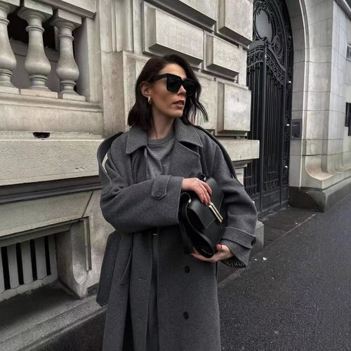 Damen Langer Woll-Trenchcoat mit Bindegürtel Nord Taschen