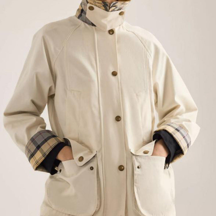 Damen Übergangsjacke mit Cordkragen, Karo-Innenmanschetten und aufgesetzten Taschen Nord Taschen
