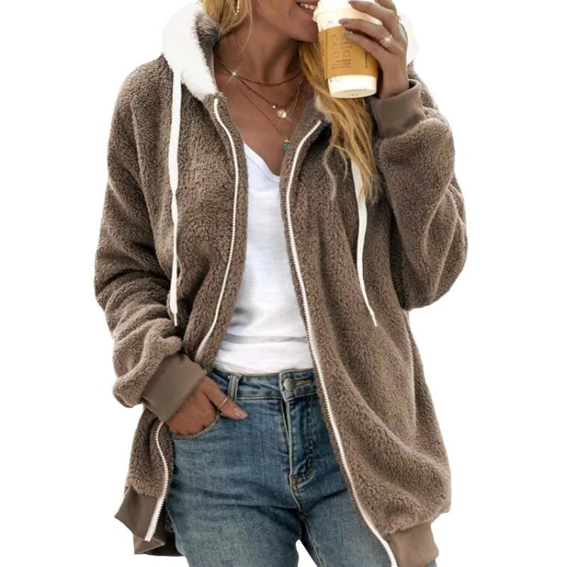 Damen Oversized Sherpa-Zipjacke mit Kontrastkragen, Rippbündchen und Kordelzug Nord Taschen
