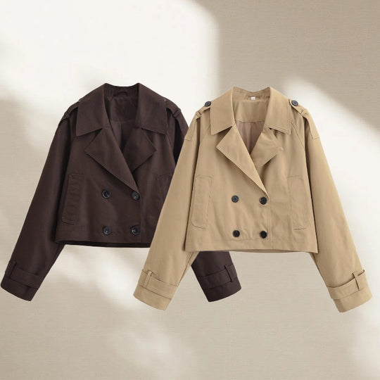 Damen Cropped Manteljacke im Trenchstil mit doppelreihiger Knopfleiste und Schulterklappen Nord Taschen