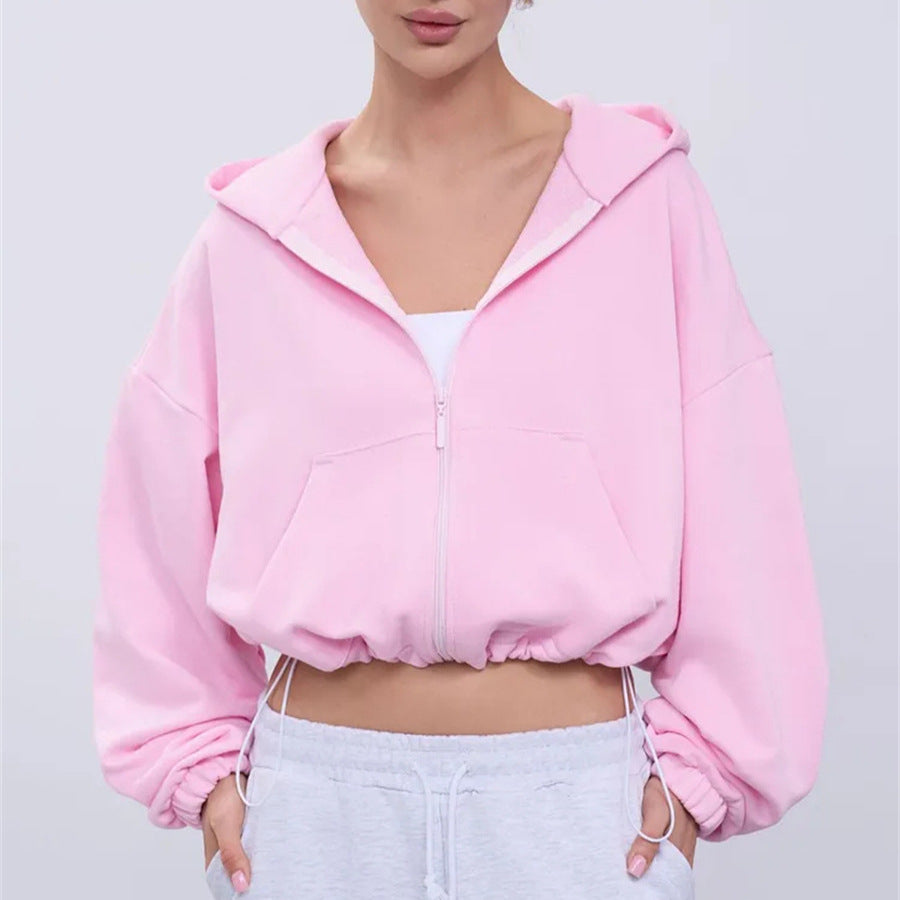 Damen legeres Cropped-Fleece-Hoodie mit Tunnelzugbund, Raglanärmeln und Reißverschluss Nord Taschen