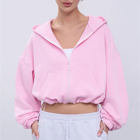 Damen legeres Cropped-Fleece-Hoodie mit Tunnelzugbund, Raglanärmeln und Reißverschluss Nord Taschen