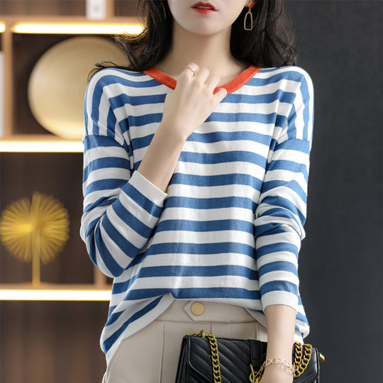 Damen Maritim-inspiriertes gestreiftes Feinstrick-Shirt mit weitem Boot-Ausschnitt und Kontrastkante Nord Taschen