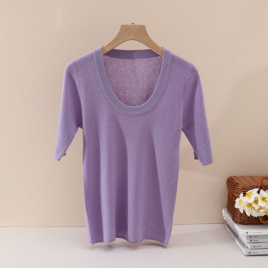 Damen Feines Feinstrick-Shirt mit tiefem Rundhals und dreiviertel Ärmeln Nord Taschen
