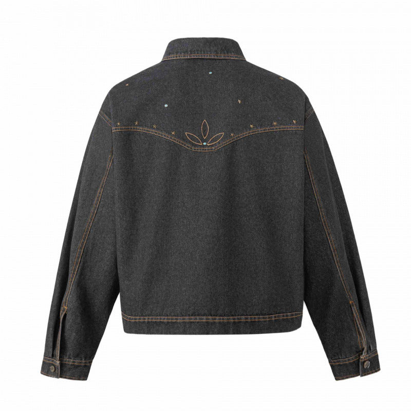 Unisex Oversize Jeansjacke im Boxy-Schnitt mit Westernstickerei und Pattentaschen Nord Taschen