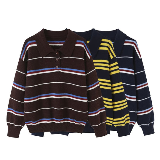 Damen Gestreifter Strickpolopullover mit kurzer Knopfleiste und Rippbündchen Nord Taschen