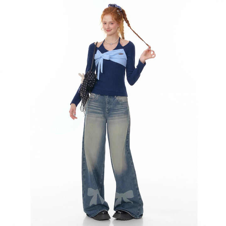 Damen hochtaillierte Palazzohose aus Denim mit extra weitem Bein und Schleifenprint Nord Taschen