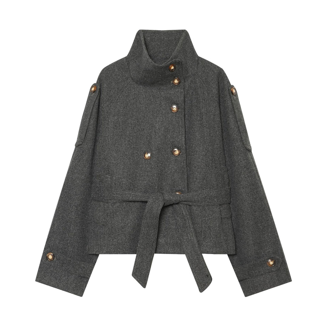 Damen Kurzer Wollcape-Mantel mit doppelreihiger Knopfleiste, hohem Stehkragen und Taillengürtel Nord Taschen