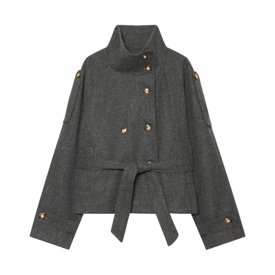 Damen Kurzer Wollcape-Mantel mit doppelreihiger Knopfleiste, hohem Stehkragen und Taillengürtel Nord Taschen