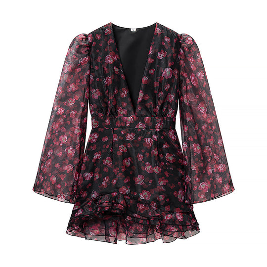 Damen Florales Chiffon-Minikleid mit tiefem V‑Ausschnitt, Rüschenstufen und Trompetenärmeln Nord Taschen