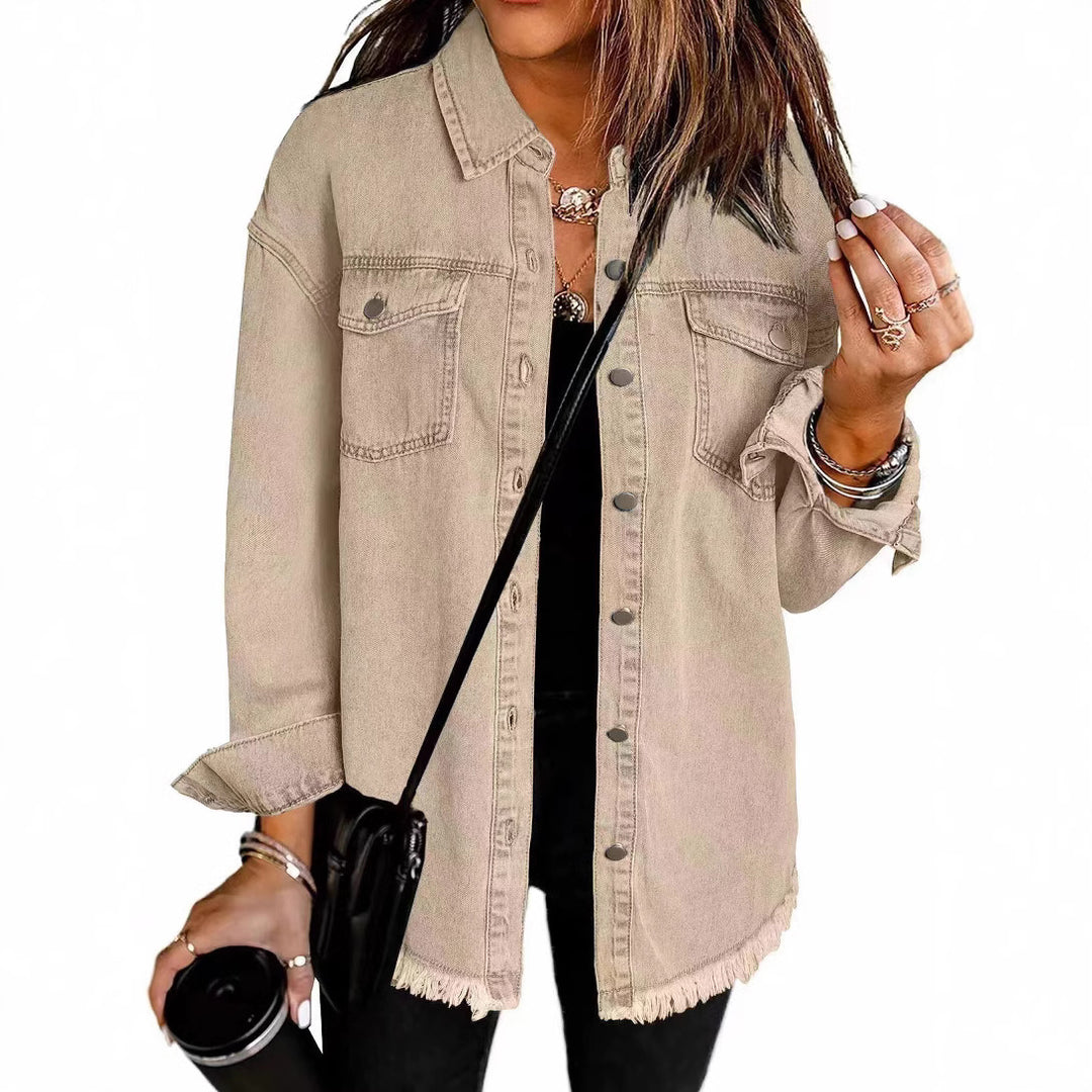 Damen Oversize Jeanshemdjacke mit Fransensaum Nord Taschen