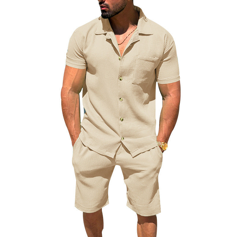 Herren nan lässiges zweiteiliges Freizeitset aus geripptem Jersey mit Hemdkragen Knopfleiste und Shorts