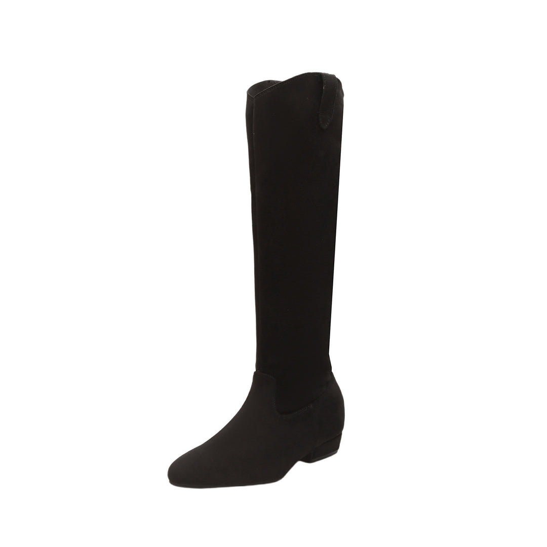 Damen Kniehohe Slouch‑Stiefel aus weichem Veloursleder mit spitzer Zehenpartie und niedrigem Absatz Nord Taschen