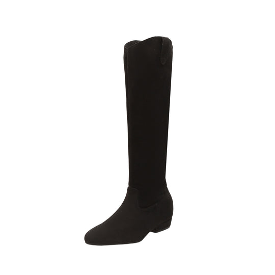Damen Kniehohe Slouch‑Stiefel aus weichem Veloursleder mit spitzer Zehenpartie und niedrigem Absatz Nord Taschen