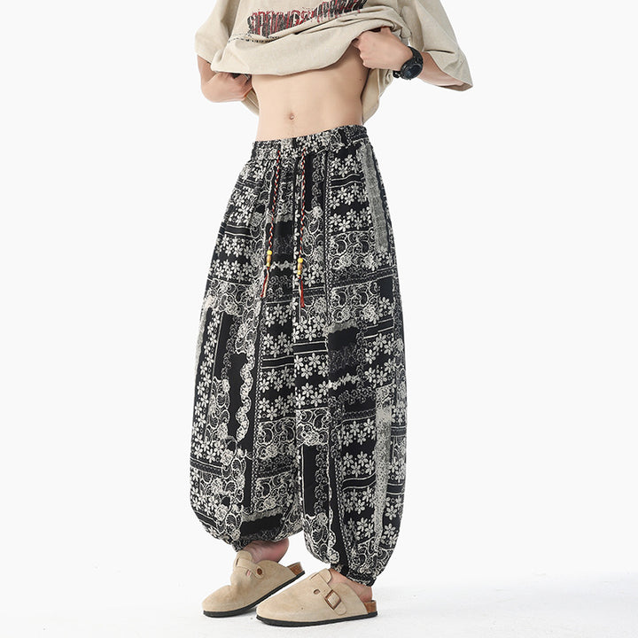 Damen lässige Pluderhose im Ethno-Print mit elastischem Bund, Kordelzug und gesmokten Bündchen Nord Taschen
