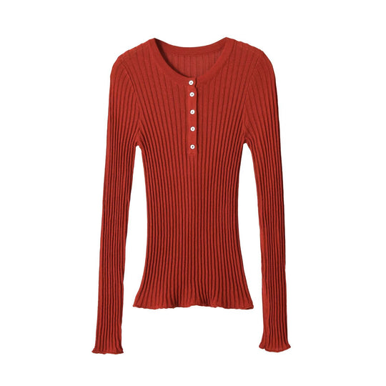 Damen Feinstrick-Longsleeve mit Rippstruktur und Knopfleiste Nord Taschen