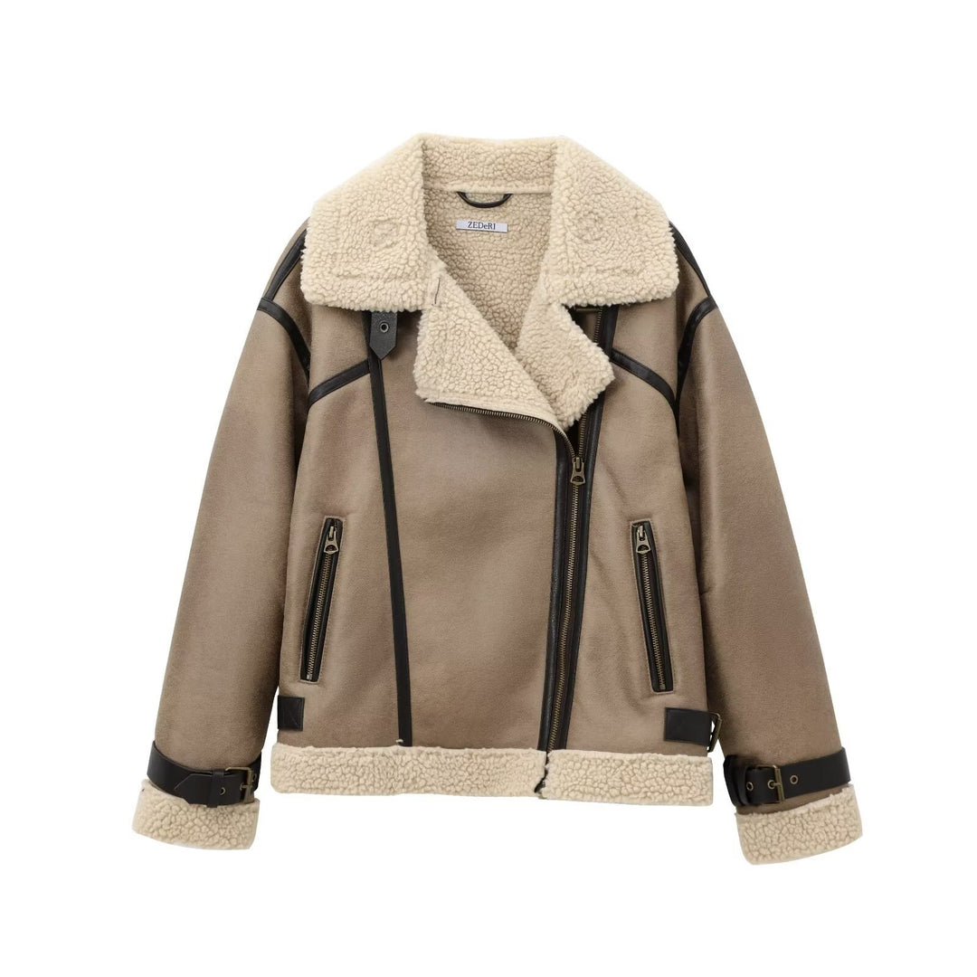 Damen Kurzjacke im Aviator-Look mit Teddyfutter, Kunstlederbesatz und asymmetrischem Reißverschluss Nord Taschen