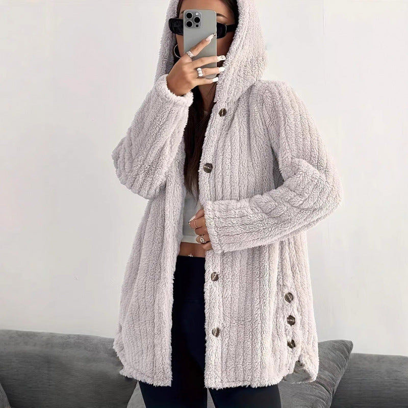 Damen Kapuzen-Teddy-Mantel mit Knopfleiste und Oversize-Schnitt Nord Taschen