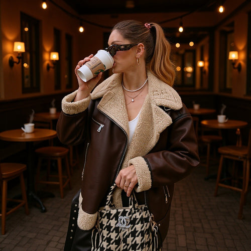 Damen Lässige Aviator-Bikerjacke im Vintage-Lederlook mit Sherpa-Futter Nord Taschen