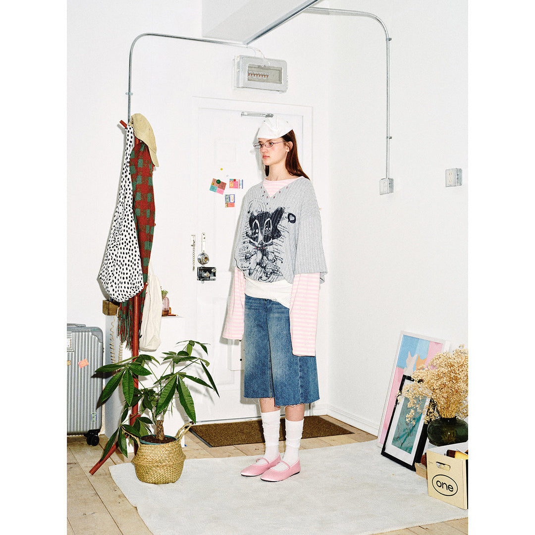 Damen Lagenlook-Longsleeve mit gestreiften Ärmelärmeln und grafischem Statement-Print Nord Taschen