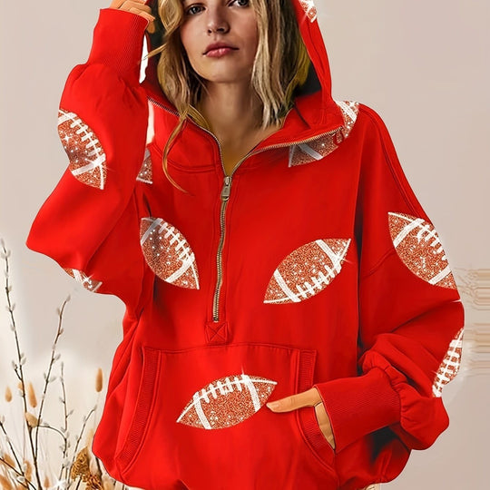 Damen Oversized Kapuzenpullover mit halbem Reißverschluss und Pailletten‑Football-Applikation Nord Taschen