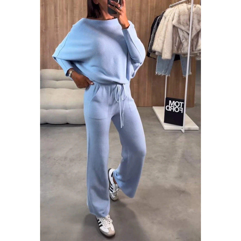 Damen Strick-Loungewear-Set mit Oversize-Schulter, weitem Bein und Kordelzug Nord Taschen