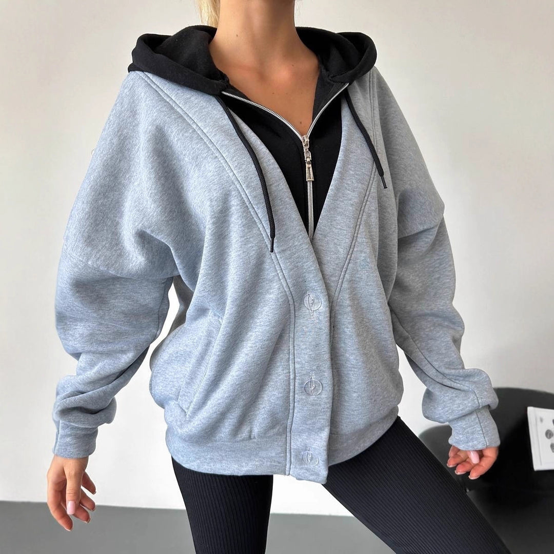 Damen Oversized Kapuzenjacke mit Druckknopfverschluss und Eingrifftaschen Nord Taschen