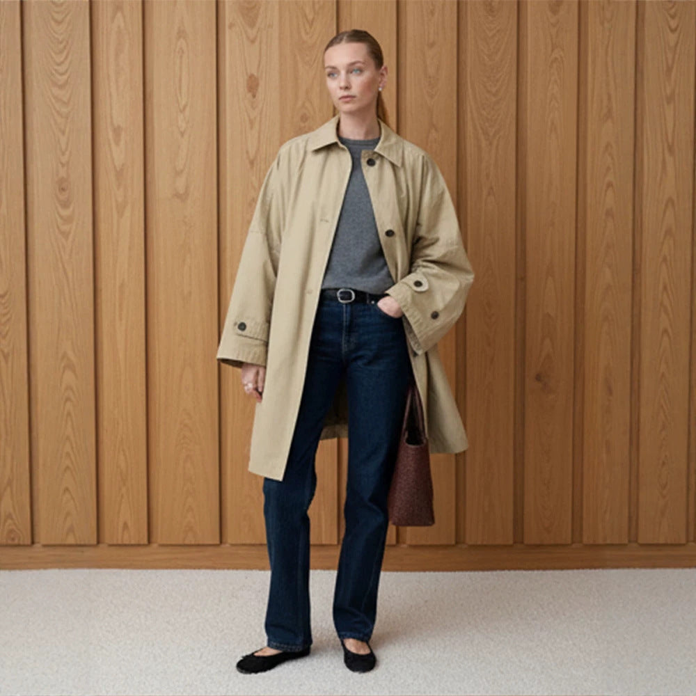 Damen Oversize Baumwoll-Mix Trenchcoat mit mittellangem, geradem Schnitt Nord Taschen