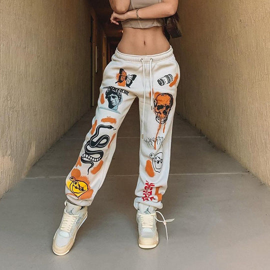 Damen Grafik-Jogginghose mit hohem Bund, Kordelzug und Streetwear-Prints Nord Taschen
