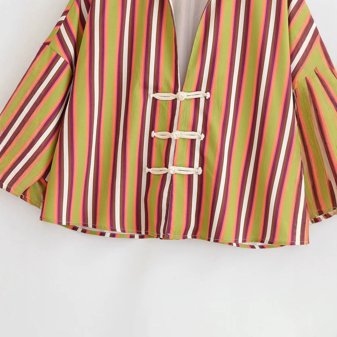 Damen Gestreifte Kimono‑Jacke mit kurzen Trompetenärmeln und dekorativen Knotenverschlüssen Nord Taschen