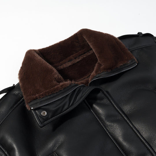 Damen Kurz geschnittene Fliegerjacke aus Kunstleder mit Teddy-Innenfutter, Umlegekragen und umschlagbaren Manschetten Nord Taschen