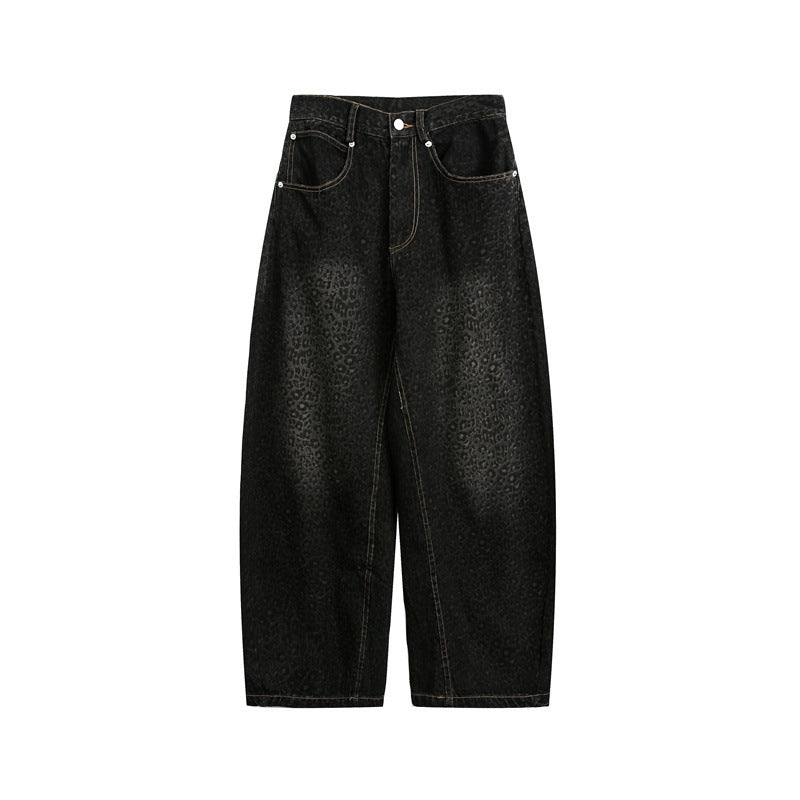 Damen Kurzgeschnittene Weite Jeans mit hoher Taille und Leopardenmuster Nord Taschen