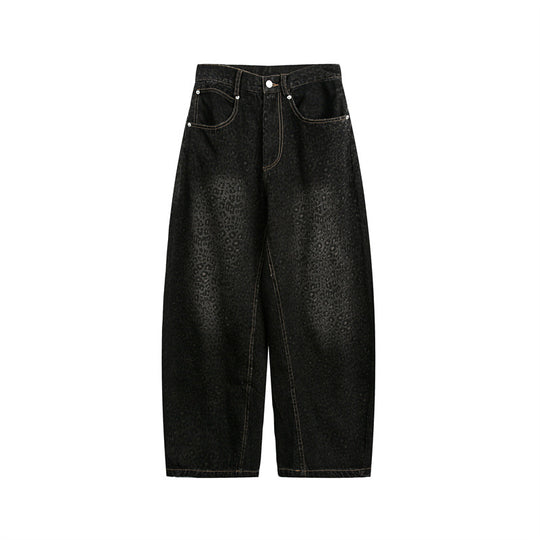 Damen Kurzgeschnittene Weite Jeans mit hoher Taille und Leopardenmuster Nord Taschen