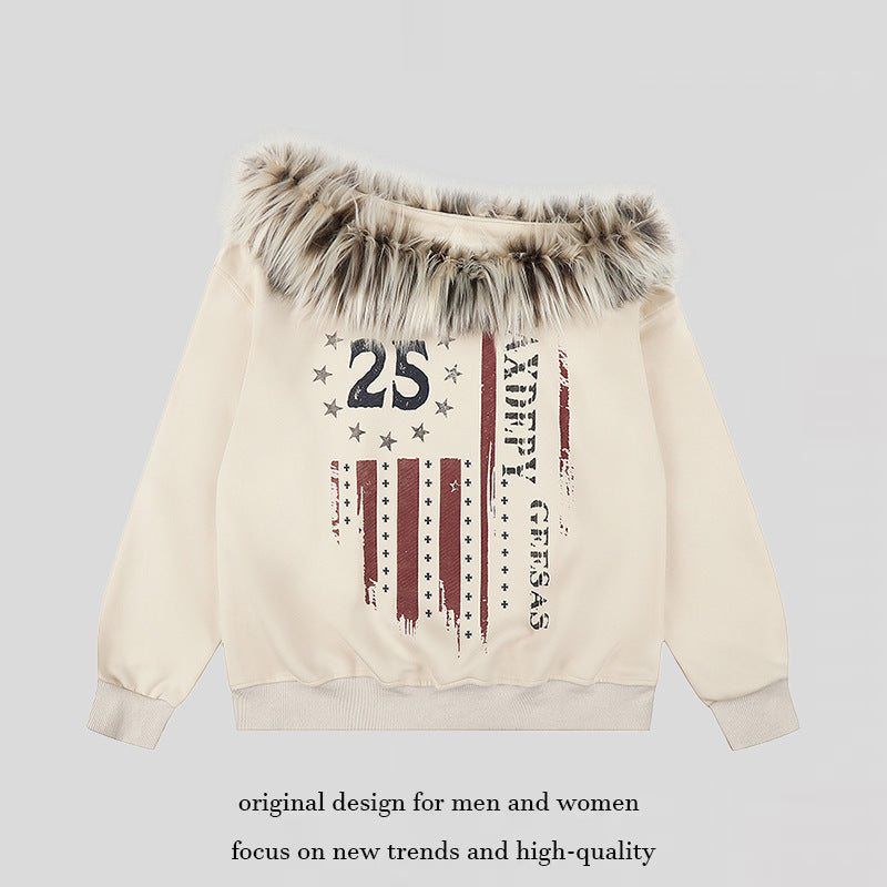 Damen Kapuzen-Sweatshirt mit abnehmbarem Kunstfellkragen und Vintage-Print Nord Taschen