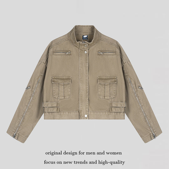 Damen Cropped Utility-Jacke mit Stehkragen, Mehrfachtaschen und Reißverschlussärmeln Nord Taschen