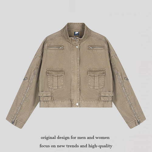 Damen Cropped Utility-Jacke mit Stehkragen, Mehrfachtaschen und Reißverschlussärmeln Nord Taschen