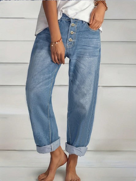 Damen High‑Waist Relaxed-Fit Jeans im Boyfriend-Stil mit Sichtbarer Knopfleiste und Aufgekrempeltem Saum Nord Taschen