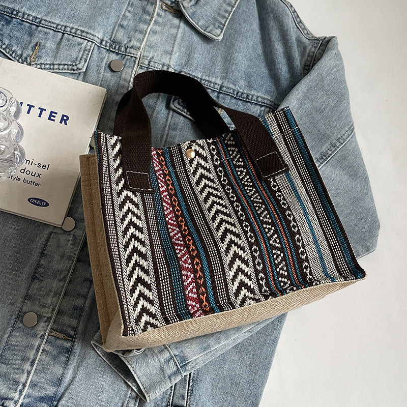 Damen Jute-Tragetasche mit buntem Muster und stabilen Baumwollgriffen Nord Taschen