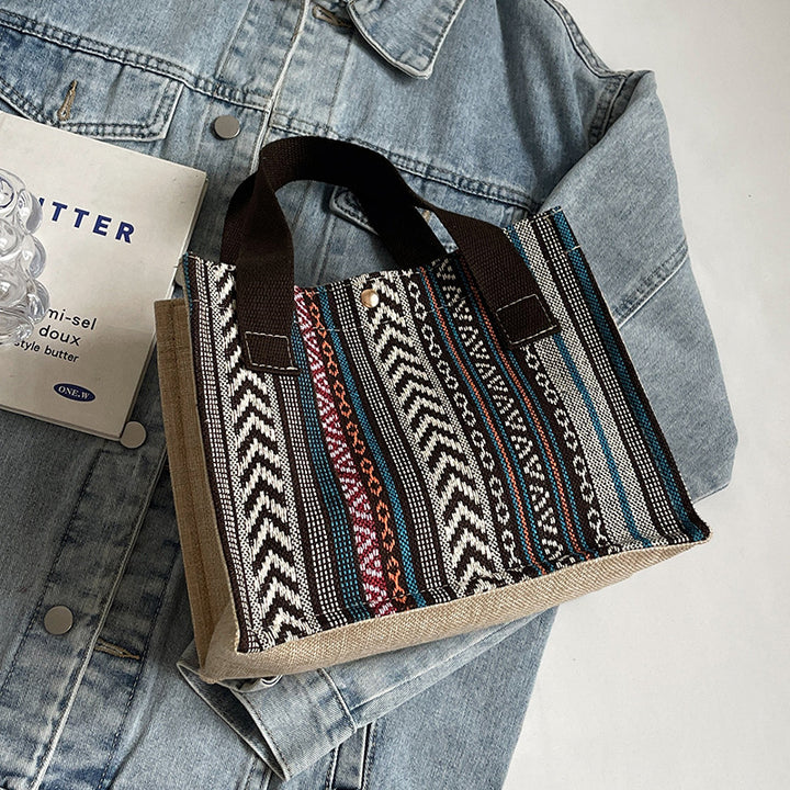 Damen Jute-Tragetasche mit buntem Muster und stabilen Baumwollgriffen Nord Taschen