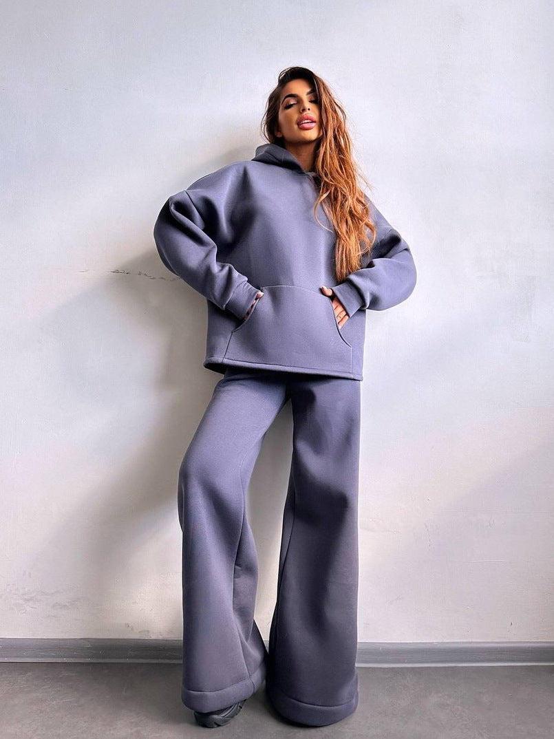Damen Scuba-Fleece Lounge-Set mit Oversize-Kapuzenpullover und weiter Flare-Hose Nord Taschen