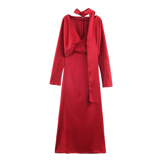 Damen Midikleid aus Satin mit tiefem V-Ausschnitt, langen Ärmeln und Schalkragen Nord Taschen