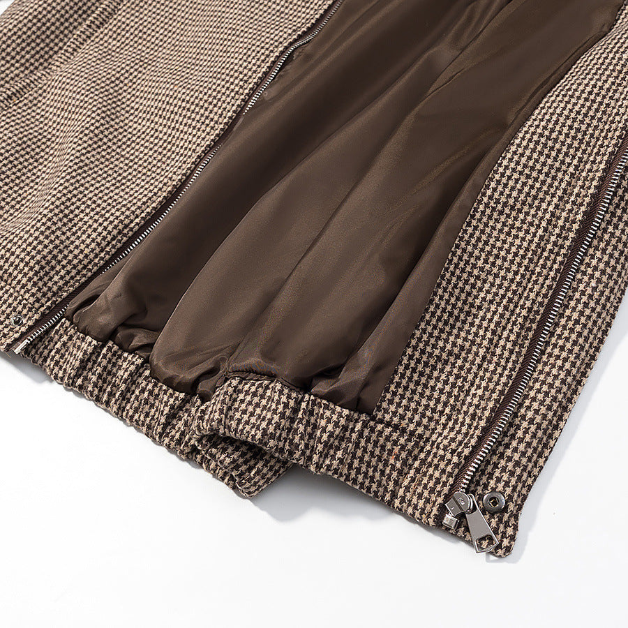Damen Kurze Boxy-Übergangsjacke im Hahnentritt mit Stehkragen und Gummibund Nord Taschen