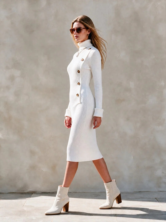 Damen Geripptes Midikleid mit Rollkragen und dekorativer Knopfleiste Nord Taschen